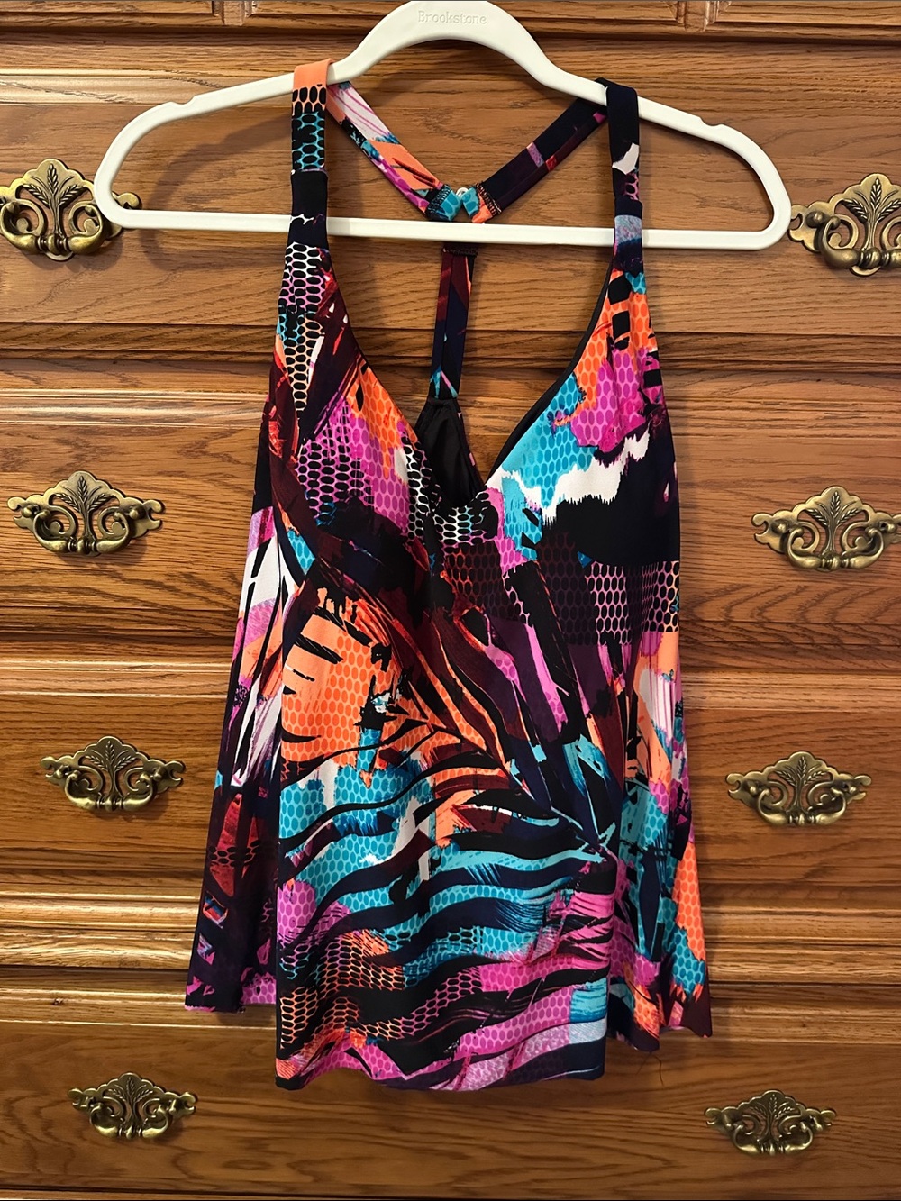 Aqua Green Multicolor Floral Print Tank swim top with Black Trim